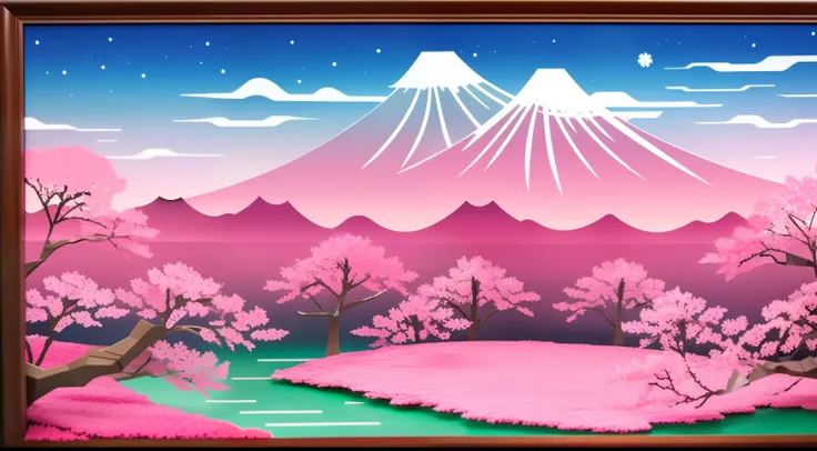 Paper Craft Semi-Three-Dimensional Landscape with Japan Cherry Blossoms