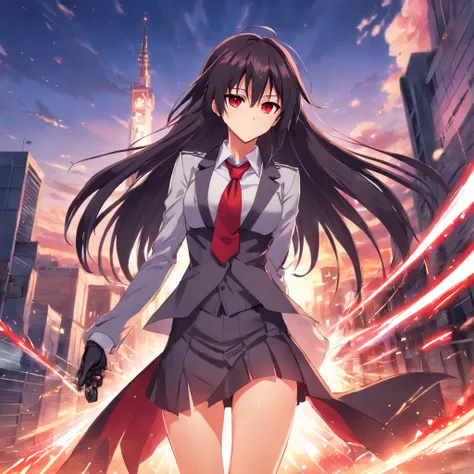 masterpiece, best quality, akame (akame ga kill!), full body, 1girl, solo, long hair, black hair, red eyes, necktie, very long hair, looking at viewer, gloves, breasts