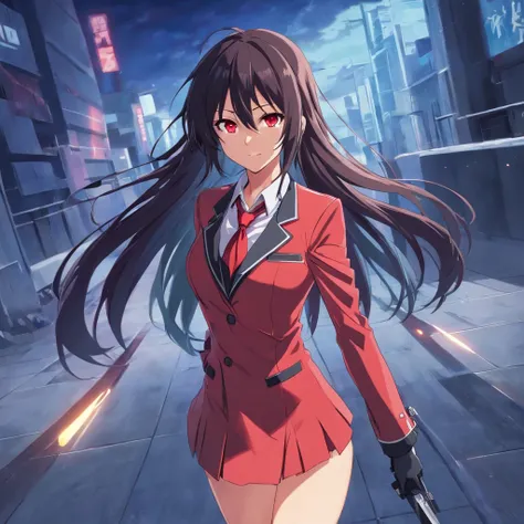 masterpiece, best quality, akame (akame ga kill!), full body, 1girl, solo, long hair, black hair, red eyes, necktie, very long hair, looking at viewer, gloves, breasts