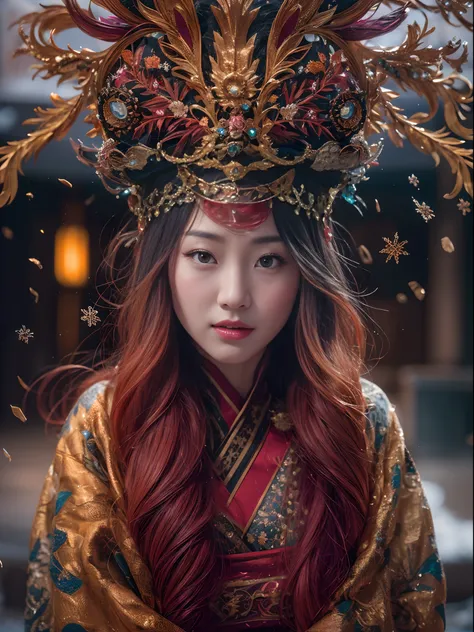 Flame Girl, Yao Lang protector, Chinese girl, flowing hair, burgundy hair, Onsen District, python pattern robe, Black gold master Kawashima work headdress, gradient glass texture, ultra-realistic, (masterpiece, hyper HD, 32K), Snowflakes fluttering, high r...