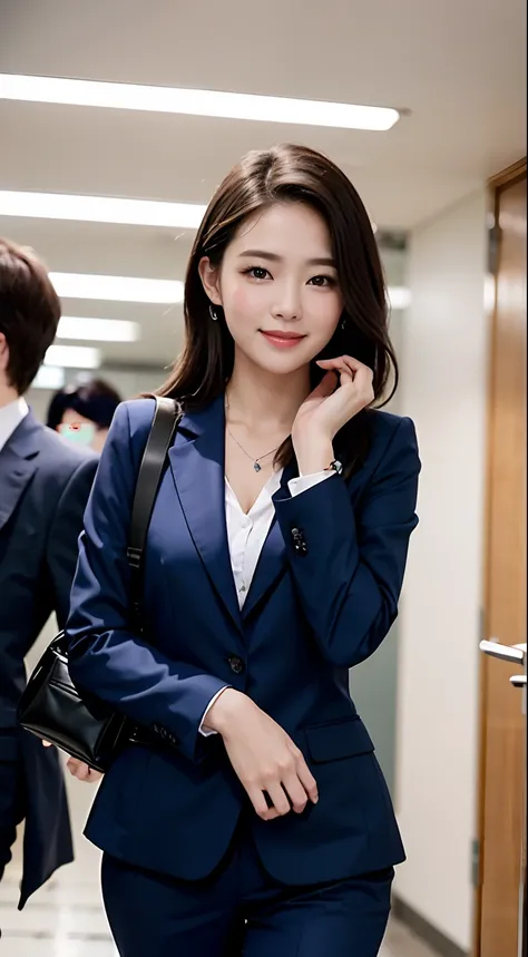 Close-up on the leg，45 degree side，Female, 23 years old，35mm masterpiece，Navy blue suit and mini bag，Gently place your left hand on your chin，Right hand holding chest，Smiling，Blur in the office。