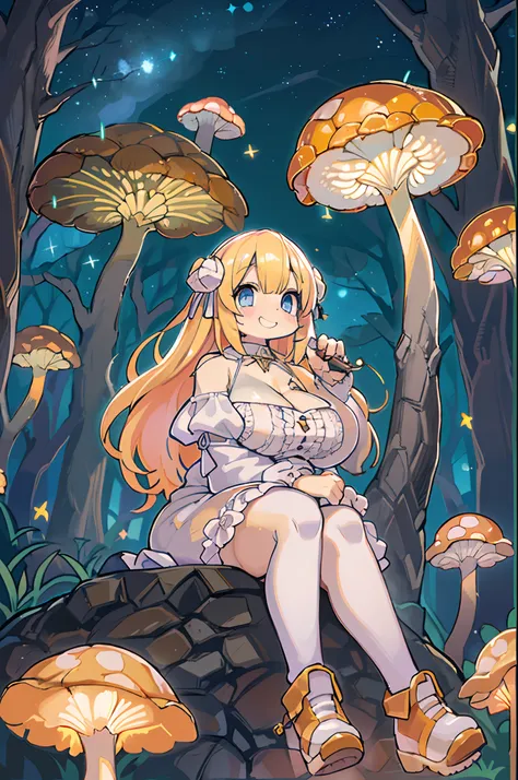 Anime girl with bright blonde hair with pale blue-violet eyes wearing a pink off-shoulder puffy sleeve dress and knee-length white boots is、Sitting in the forest next to orange mushrooms surrounded by fireflies under the stars ,huge-breasted、(((bbw))),Larg...