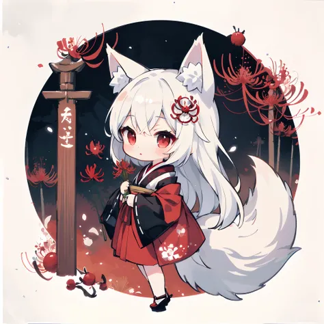 Anime character with white hair and red eyes and red priestess uniform, Red Spider Lily, white - haired fox, fox nobushi, foxes, Fox three-tailed fox, Fox and red spider lily, Onmyoji, onmyoji detailed art, White fox anime, Pixiv Contest Winner, a beautifu...