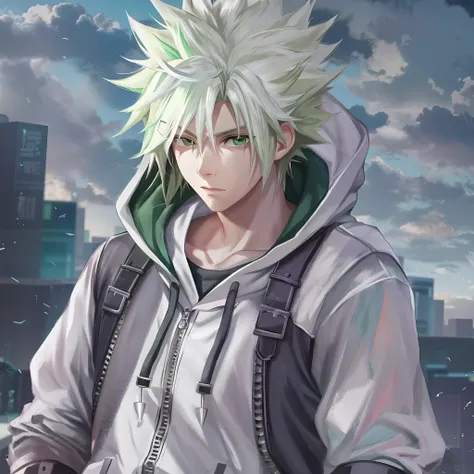 anime,white hair,green and white hoodie,cloud strife,gaming,spike hair,human,male,young,