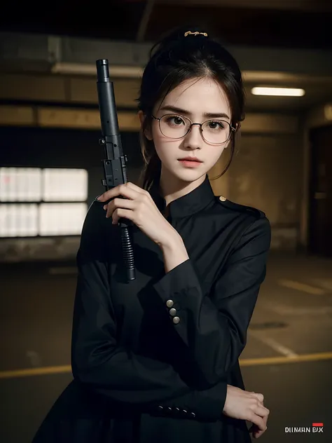 a woman in a black shirt and glasses holding a gun, warzone, warcore, warrior princess, war zone, warzone background, dilraba dilmurat, perfect military composure, emma watson vietnam door gunner, mighty princess of the wasteland, valkyrie, impeccable mili...