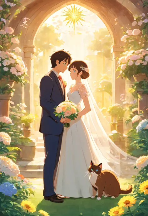 （Poster design）A wedding poster，Groom and bride，Holding a Siamese cat，fresh flowers，rays of sunshine