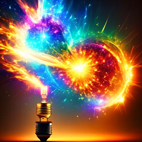 Light bulb, explosion of brilliant light bursts from the light bulb, enlightenment, new idea, vivid colours, epic fantasy, joy