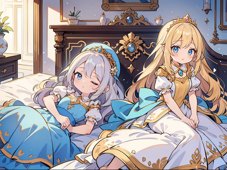 i have 2 girls. (rub your eyes). there are two in the bedroom of the royal palace. there are two princesses in dresses with gold...