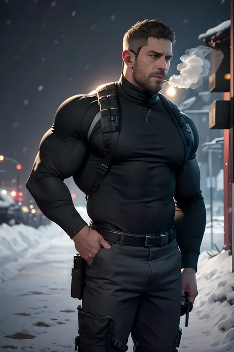 dark gothic village in the background, old chris redfield from resident evil 8, 48 year old, muscular male, tall and hunk, bicep...