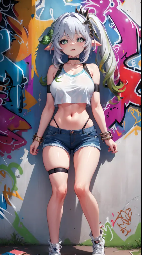 nahida genshin results, masterpiece, bestquality, 1girls, bara, crop top, shorts jeans, choker, (graffiti:1.5), splash color int...