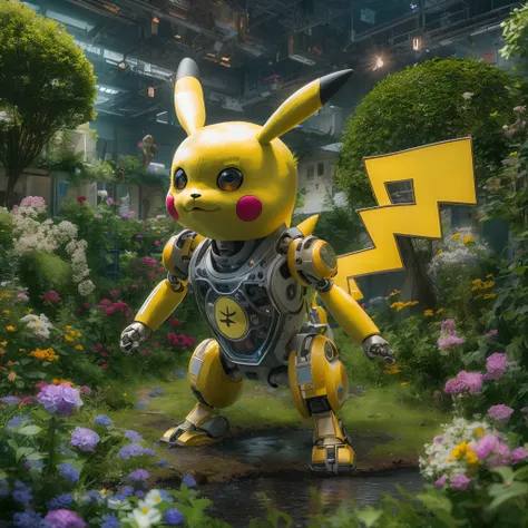 The best creative art of this century. Realistic AI robot Pikachu. The body is electrified and the current flows. Space garden in the background, top quality, masterpiece, super high resolution. Ultra-realistic details, 16K, intricate fusion, beyond myster...