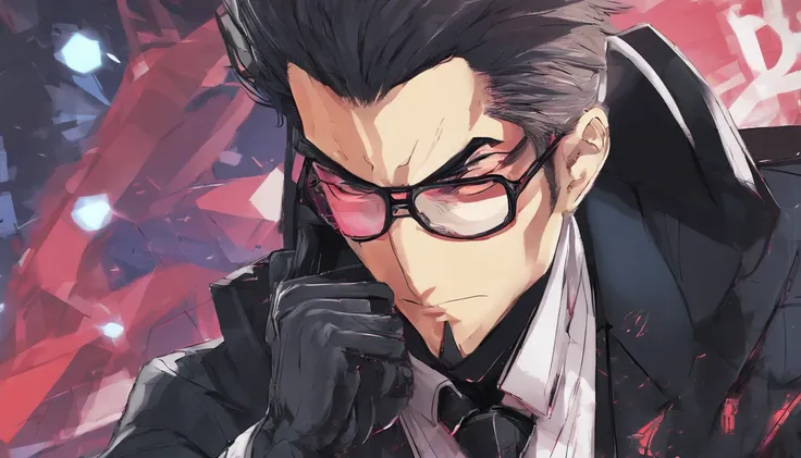 Retrato de um homem de 25 anos de idade de cabelo preto com traje de personagem de luta do jogo tekken 7，(altamente detalhado: 1.2), Hyper-detailed eyes and use of cyberpunk-style glasses: 1.2)