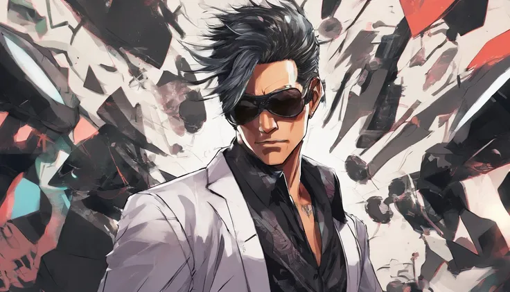 Retrato de um homem de 25 anos de idade de cabelo preto com traje de personagem de luta do jogo tekken 7，(altamente detalhado: 1.2), Hyper-detailed eyes and use of cyberpunk-style glasses: 1.2)