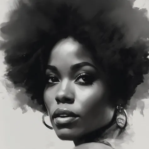 an image of a black woman with Afro , in the style of russ mills, michael garmash, charming sketches, mono-ha, contemporary asian art, lilia alvarado, concise brushwork --ar 69:128 --s 750 --v 5. 2