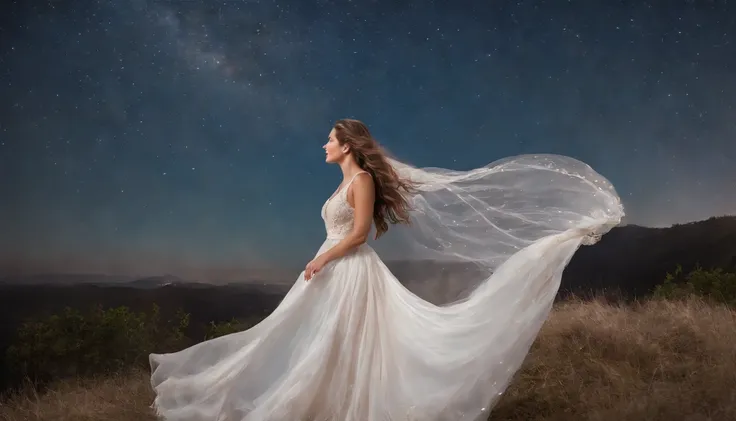 Landscape, Queen in dress made of white veil on starry night、Olhando diagonalmente para cima, Galaxy at the top, Light Vortex, redemoinho，8Ｋ, Qualidade de imagem realista，Espiral estelar, runa, fine-grained skin, Beautiful woman，cabelos longos com cabelos ...