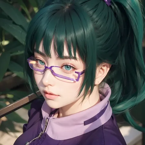 Real life adaption of this character, beautiful face,realistic outfit wear purple glasses,detailed eyes,realistic green hair,realistic background,hyper realistic,realism,realistic light, realistic shadow,(photorealistic:1.2), looking to viewer