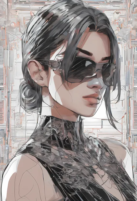 Portrait of an attractive beautiful woman with black hair with gothic costume, (altamente detalhado: 1.2), Hyper-detailed eyes and use of high-tech sunglasses with holographic display 1.2) ,multidimensional geometric wall PORTRAIT, arte, Chibi,Yang08k, lin...