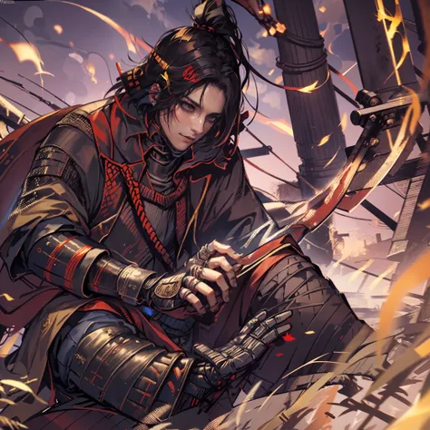 1hombre, solamente, Anillo Elden, meditando junto antorcha, sentado junto al fuego, transmitido por la sangre, Almas oscuras, (((Las sombras de SEKIRO mueren dos veces))),