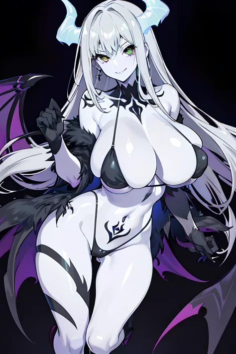 One girl, A MILF,(Best Quality),Super delicate,hight resolution, ((pale skin)))), (Huge breasts)), Colossal tits,Gray hair, Ultra detailed skin, High resolution, super detailed,((Vulgar)), Afterglow,(Dark Persona),Smirk,Full body,Torn Micro Bikini,Diabolic...