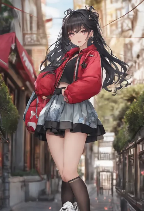 1girl, waist long black hair, big chinese hair buns, blue hair ribbons, golden hair ornament, green eyes, pink puffy jacket, black buggy pants, white sneakers, black tight shirt, red water drop logo on pants, black chocker with golden heart pendant, city, ...