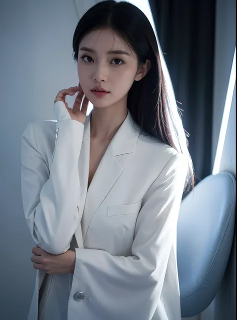 there is a woman posing with her hands on her head, cindy avelino, portrait of modern darna, wearing futuristic white suit, wearing futuristic, inspired by Han Gan, portrait shot, solo photoshoot, wearing lab coat and a blouse, advertising photo, promo ima...