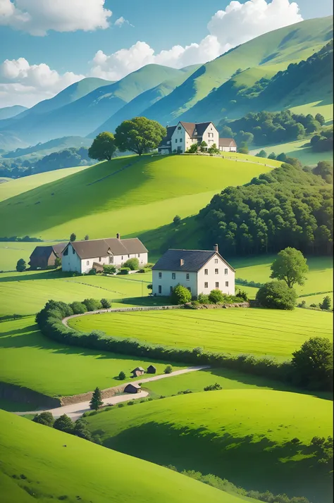 Peaceful and idyllic countryside, Rolling green hills dotted with grazing sheep, Charming farmhouse，Set amidst vibrant flowers, Clear blue sky overhead, Evokes a sense of peace and simplicity，Fields of greenery，Real shooting，Real Scene，Ultra HD ultra-wide ...