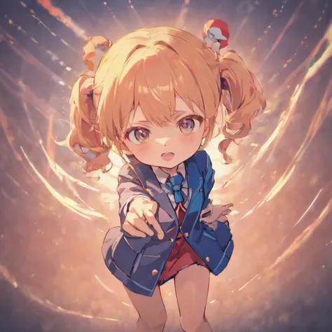 Very cute chibi anime girl, Mini Characters、Solo, Simple background, Beautiful twin tails 、 Pretty girl、Cute Chibi、 Dark blue blazer, Pink skirt、High School Uniform, Full body ,Im insanely surprised、 Im very surprised.、Highly detailed face and eyes, The co...