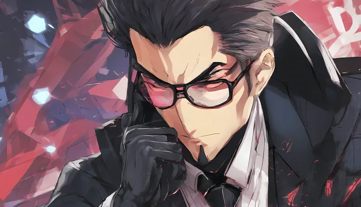 Retrato de um homem de 25 anos de idade de cabelo preto com traje de personagem de luta do jogo tekken 7，(altamente detalhado: 1.2), Hyper-detailed eyes and use of cyberpunk-style glasses: 1.2)