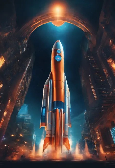 Rocket taking flight with futuristic sales scale charts