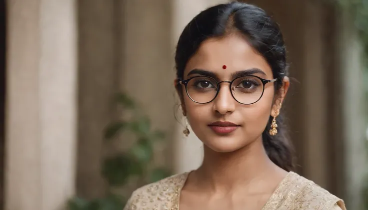 Indian woman,20 years of age, spectacles, looking at the camera,cute,smart, realistic,8k,hyper realistic