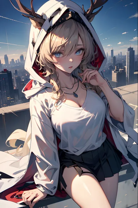 best quality,masterpiece,1girl,silver hair,disheveled hair,curly_hair,shirt,skirt,kawaisou,JK,red_bow,watchi,necklace,cityscape,8k raw photo,ultra high res,highest detailed,intricate,8k,HDR,