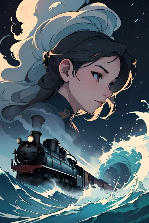 beautiful and asethetic, masterpiece, movie poster, best quality, drawing of a side view of a steam train travelling over water with waves with a dark sky in the background at night, muted colors, by james jean style, fantastical elements