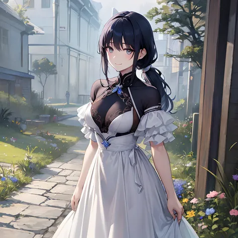 Woman, long dark blue hair gathered in a low ponytail, pale eyes, white combat dress with silver details and flowers, modernity, calm smile, full length