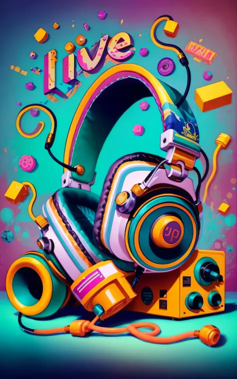 a colorful poster with headphones and a cassette player, Jen Bartel, Beeple e Jeremias Ketner, Pintura por Android Jones, 8 0s airbrush aesthetic, full-colour illustration, headphones on head, arte vibrante dos desenhos animados, fantastic artstyle, style ...