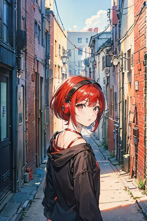 Wearing headphones、Back alley、Red Hair Bob Girl