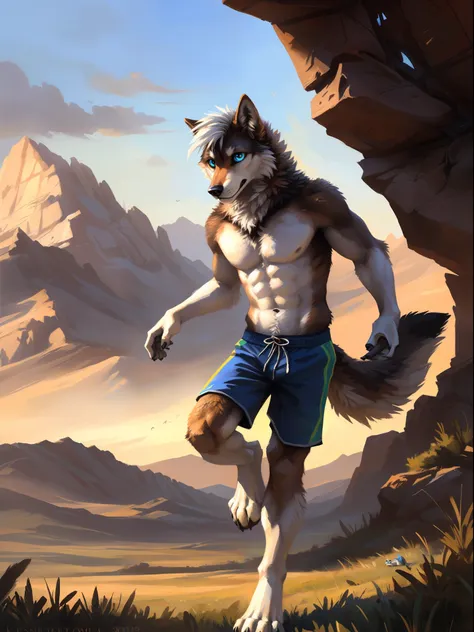 ((solo)), male people, anthro wolf, (multi-colored fur, white-brown:1.3), ((wolf face, white hair, big eyes, white eyelids, blue...