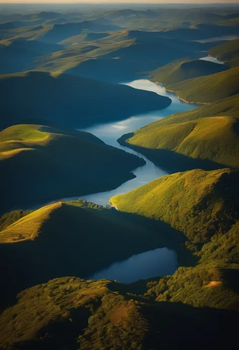 a vast beautiful landscape seen from the very high sky, photo realistic