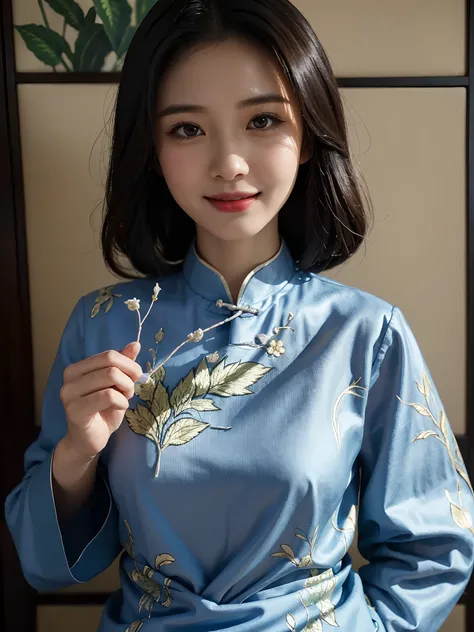 arafed woman holding a embroidery with a picture of a plant, traditional art, mid shot portrait, classic portrait, high quality portrait, cheongsam, traditional beauty, nivanh chanthara, fanart, 1614572159, batik, ao dai, with an elegant smile, charming sm...