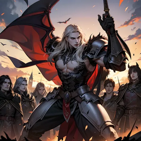 Castlevania Shadow Lord handsome muscular Lord Dracula yet Armor leading troops armed with demons to war hyper realistic super detailed Dynamic pose super detailed faces hyper realistic super detailed