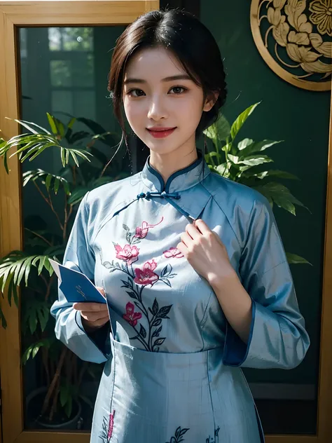 arafed woman holding a embroidery with a picture of a plant, traditional art, mid shot portrait, classic portrait, high quality portrait, cheongsam, traditional beauty, nivanh chanthara, fanart, 1614572159, batik, ao dai, with an elegant smile, charming sm...