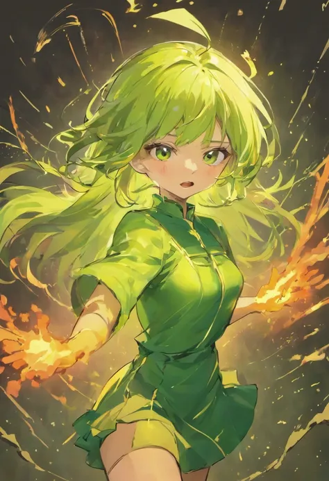 (( Melhor qualidade)) Uma mulher de pele branca com cabelos curtos e vermelhos, olhos verdes, an angry expression and flowing hair. Ela veste um vestido verde curto com um cinto de couro. De seu interior irrompe um poderoso vento verde com raios, criando u...