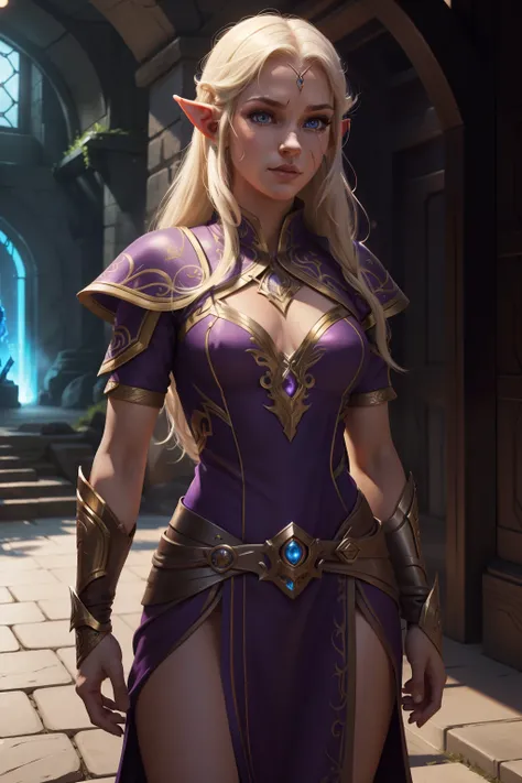 Best Illustration), 8K, intricate detailes, top-quality, ultra-detailliert, The best lighting, Best Shadows, Ultra HD, Draw, White Elf, ember, male people, Elven Leader, Purple combat suit, scar on eye