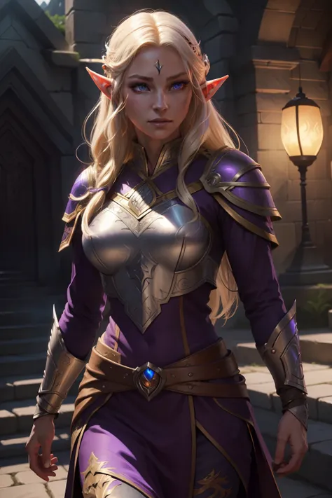 Best Illustration), 8K, intricate detailes, top-quality, ultra-detailliert, The best lighting, Best Shadows, Ultra HD, Draw, White Elf, ember, male people, Elven Leader, Purple combat suit, scar on eye