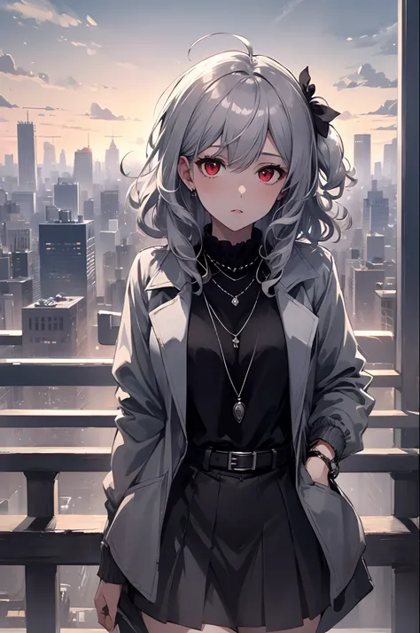 best quality,masterpiece,1girl,silver hair,disheveled hair,curly_hair,shirt,skirt,kawaisou,JK,red_bow,watchi,necklace,cityscape,8k raw photo,ultra high res,highest detailed,intricate,8k,HDR,