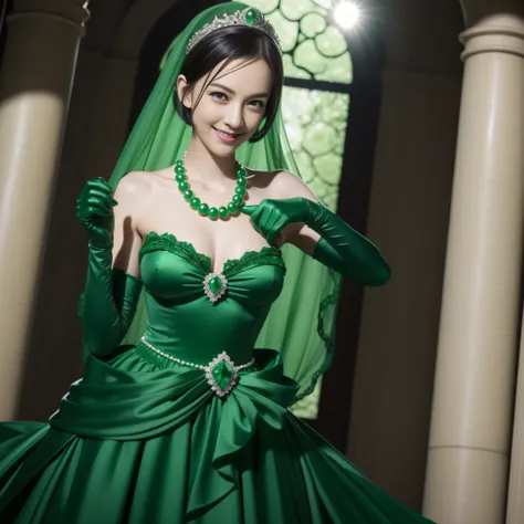 emerald tiara, Green Pearl Necklace, Boyish very short green hair, lipsticks, Japan woman smiling, very short short hair, big breasts beautiful, Green eyes, Long green gloves made of satin material, Green eyes