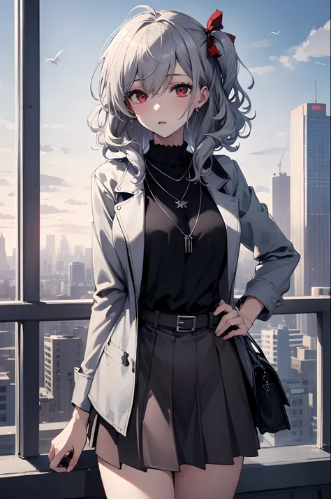 best quality,masterpiece,1girl,silver hair,disheveled hair,curly_hair,shirt,skirt,kawaisou,jk,red_bow,watchi,necklace,cityscape,...