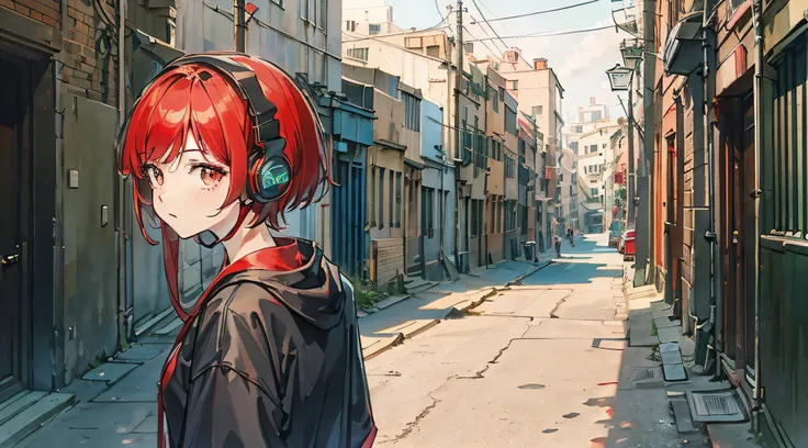 Wearing headphones、Back alley、Bob girl with red hair、Black headphones