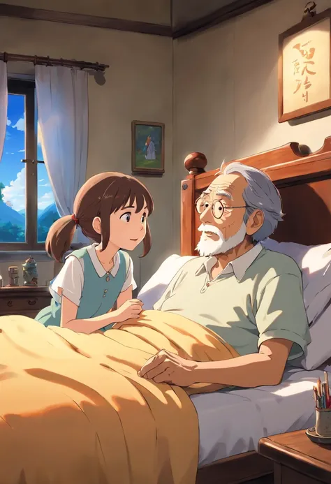 a grandfather telling a story to his granddaughter at bedside