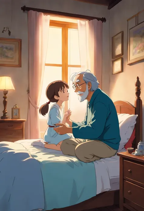 a grandfather telling a story to his granddaughter at bedside