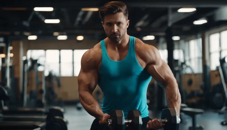 A handsome adult boy in gym with dumbbells in one hand in fitness wearing clothes，There are people working out together，Realisticstyle